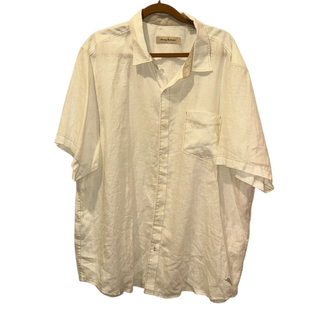 Tommy bahama white LINEN contrast stitching short sleeved shirt XXL